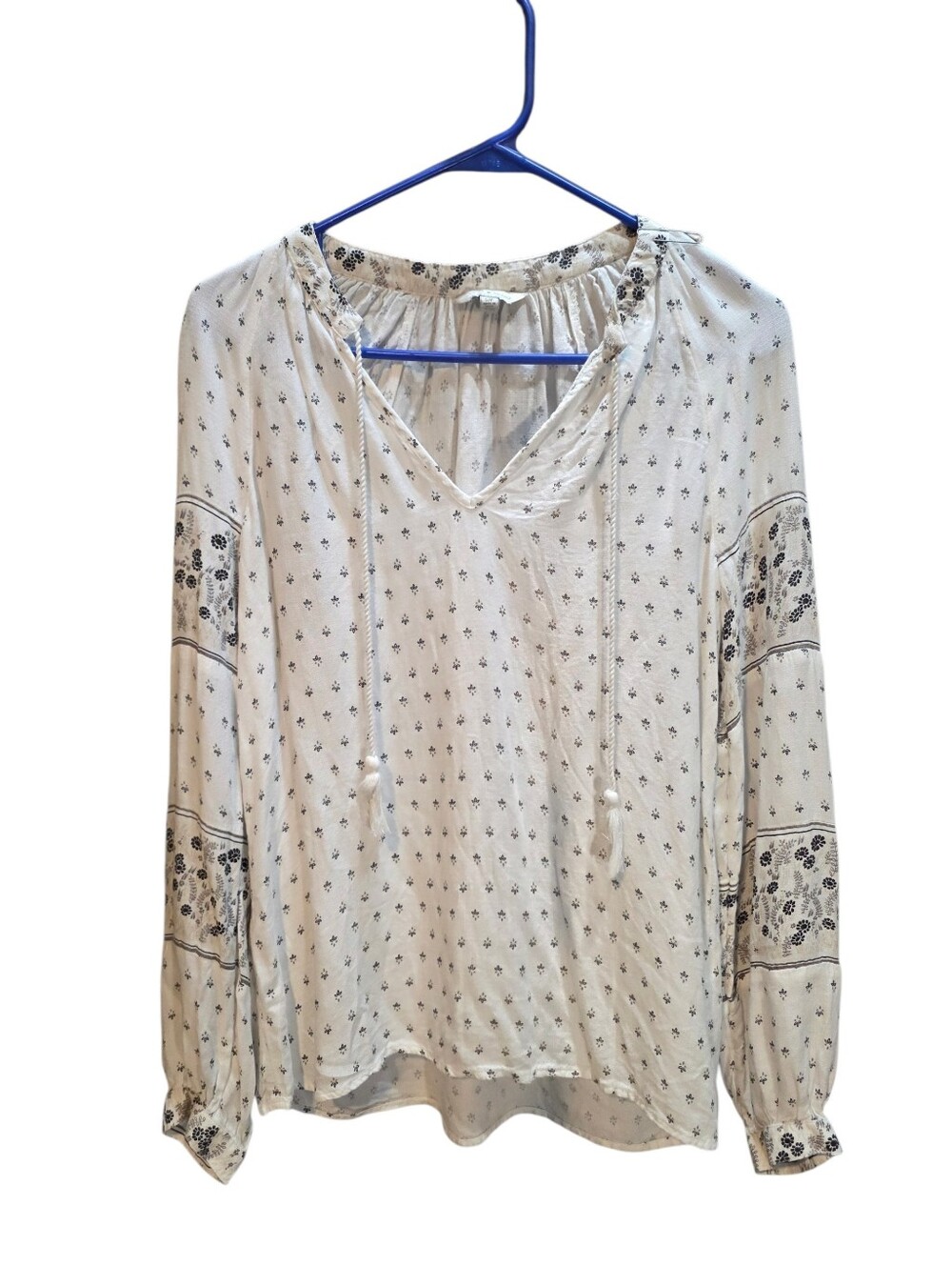 Lucky Brand Boho Peasant Blouse Floral Long Sleeve Tassel Viscose Small
